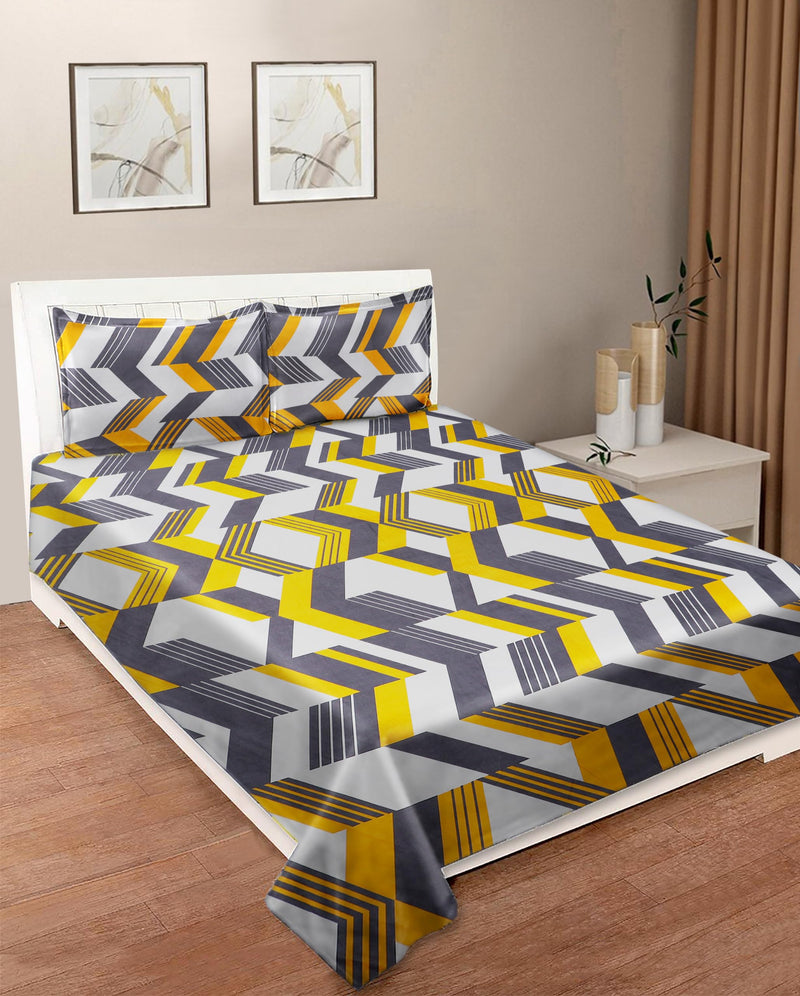 SIMRITA Presents Luxurious Glace Cotton Cotton Feel 180 TC King Size(90X100 Inch) Flat Double Bedsheet with 2 Pillow Covers, White Yellow Design