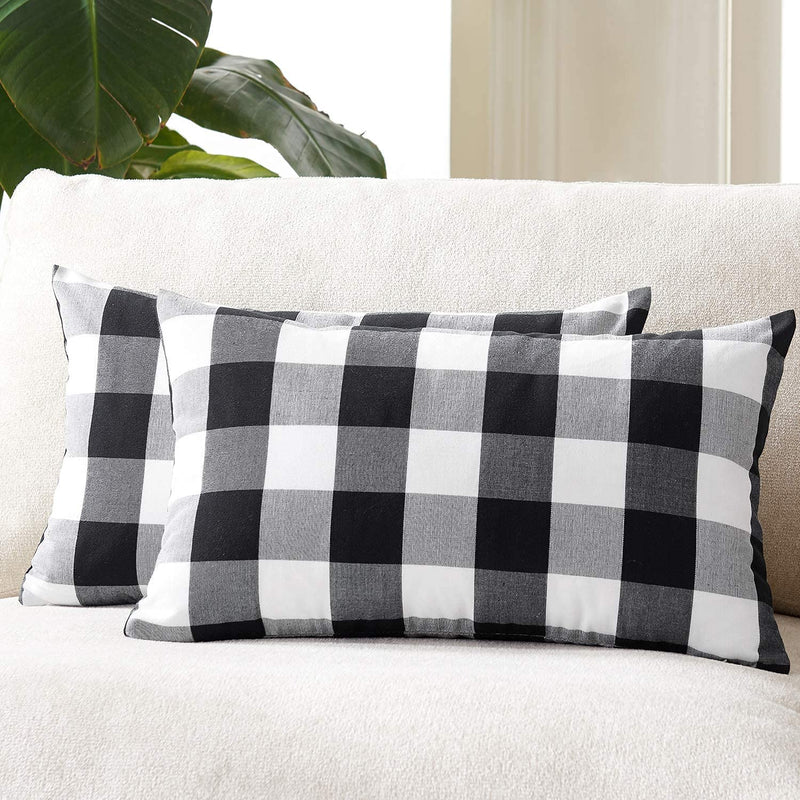 ATOOTFUSION Premium Cotton Support Pillow - Gingham Checkered, Siliconized Fiber Fill, 16x26 inch, Black/White, Set of 2