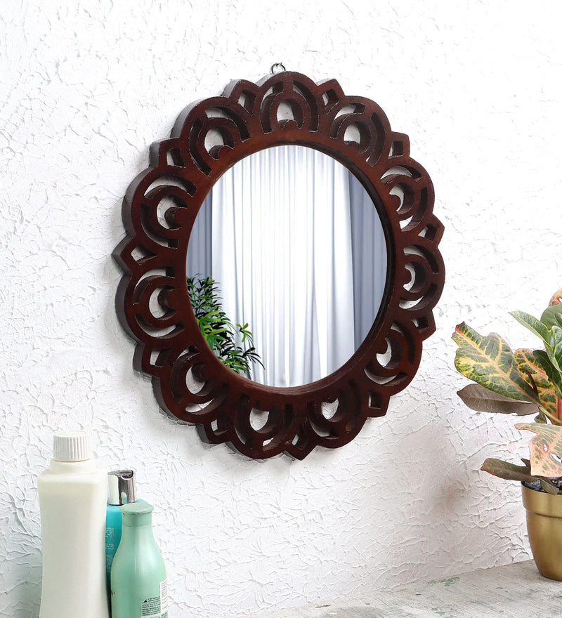 THE URBAN STORE Decorative & Hand Crafted Wooden Wall Mirror in Walnut Finish (40 x 40 cm)