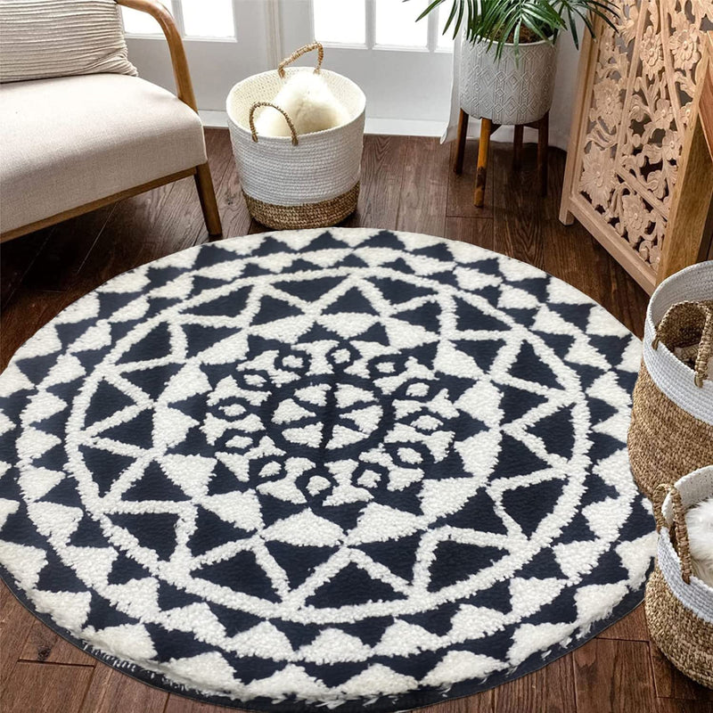 Roseate Persian Round Rug (60x60 cm) Microfibre 2000 GSM Rugs/Carpet for Living Room/Bedroom/Bathroom/Door Mat/Kitchen/Floor Mat (Black & White) Pack of 1