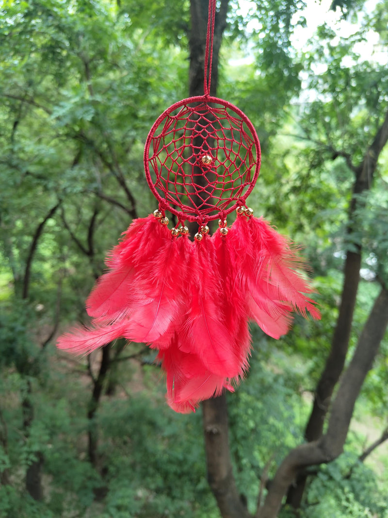 UV HANDICRAFTS Red Dream Dream Catcher Handmade Hangings for Positivity Ideal for Home Decor, Gift, Wall Hangings, Meditation Room, Yoga Temple, Wind Chime & Car Feather Hanging(Pack of 1)