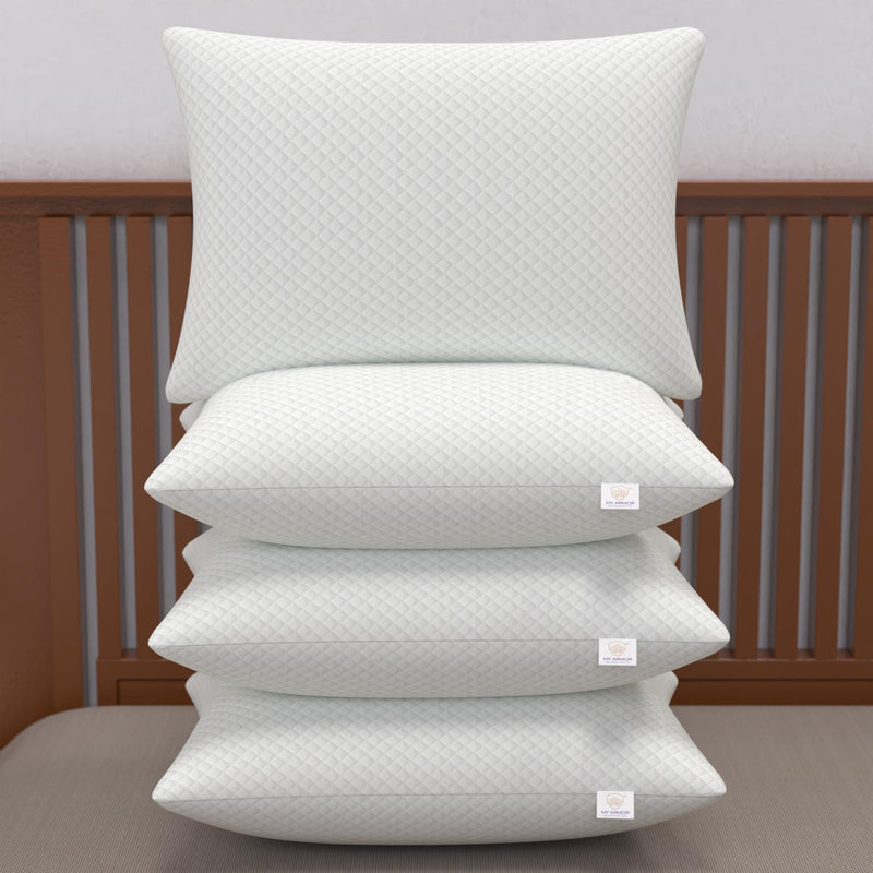 MY ARMOR Height Adjustable Conjugate Fiber Sleeping Pillows with Zip and Extra Fibre | 17" x 27" - Set of 4, White Bamboo Fabric