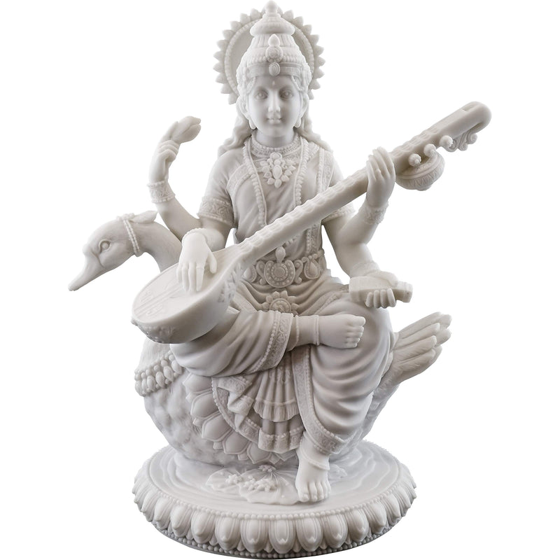 Top Collection 8" H 7" W Saraswati on Swan Statue in White Marble Finish - Hindu Goddess of Knowledge Sculpture