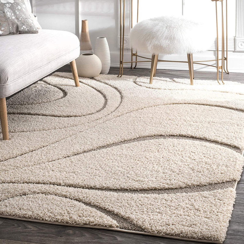 Carpets for Living Room Handwoven 3D Curved Pattern Shaggy Super Soft Fluffy and Anti Skid Rugs, Size 3X5 Feet Rectangular Colour, Ivory-Beige Modern