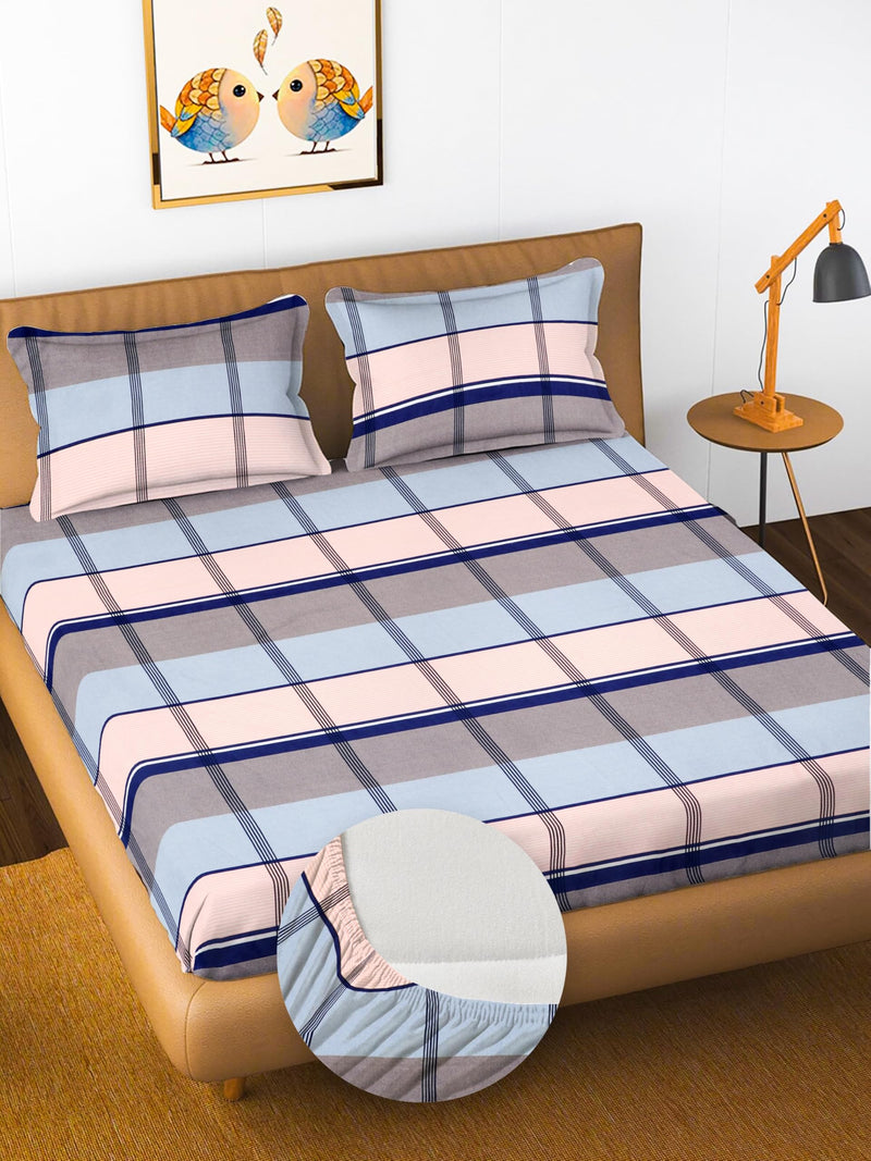 Bedhseet Cotton Feel All Around Elastic Fitted Glace Printed Queen Size Double Bed Bedsheet with 2 Large Pillow Covers Fits Upto Mattress of 8 Inches,Size - 72 x 78 x 8 Inches (Style-3)