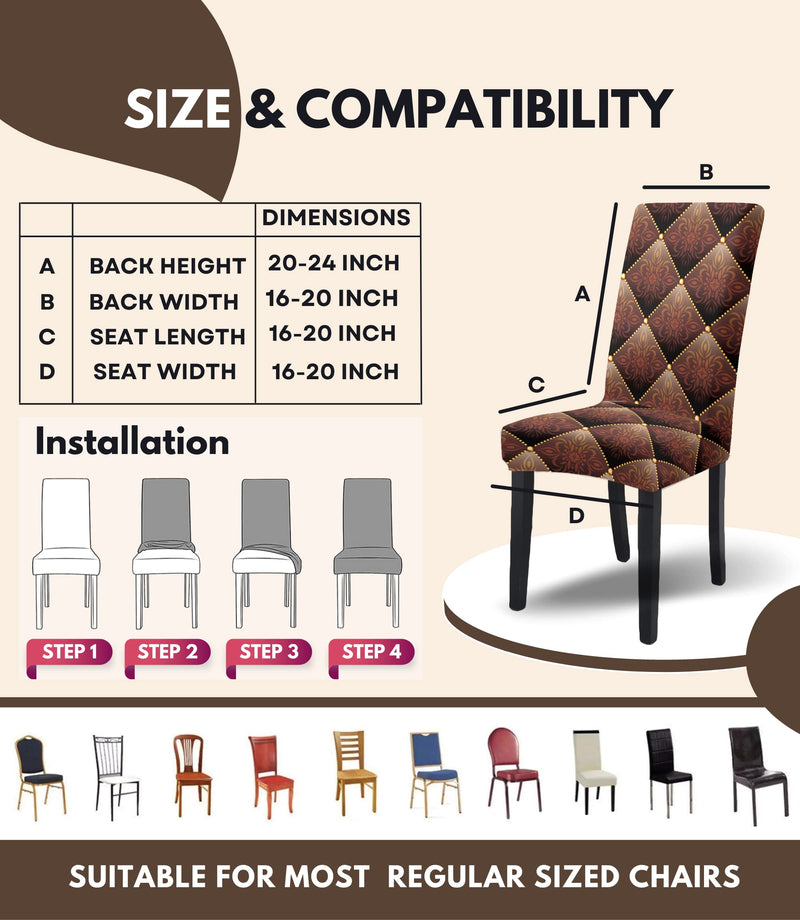 DECORIAN Premium Stretchable Printed Dining Chair Covers Elastic Chair Cover Seat Case Protector, Slipcovers (Brown Geometric, 6), Polycotton Spandex