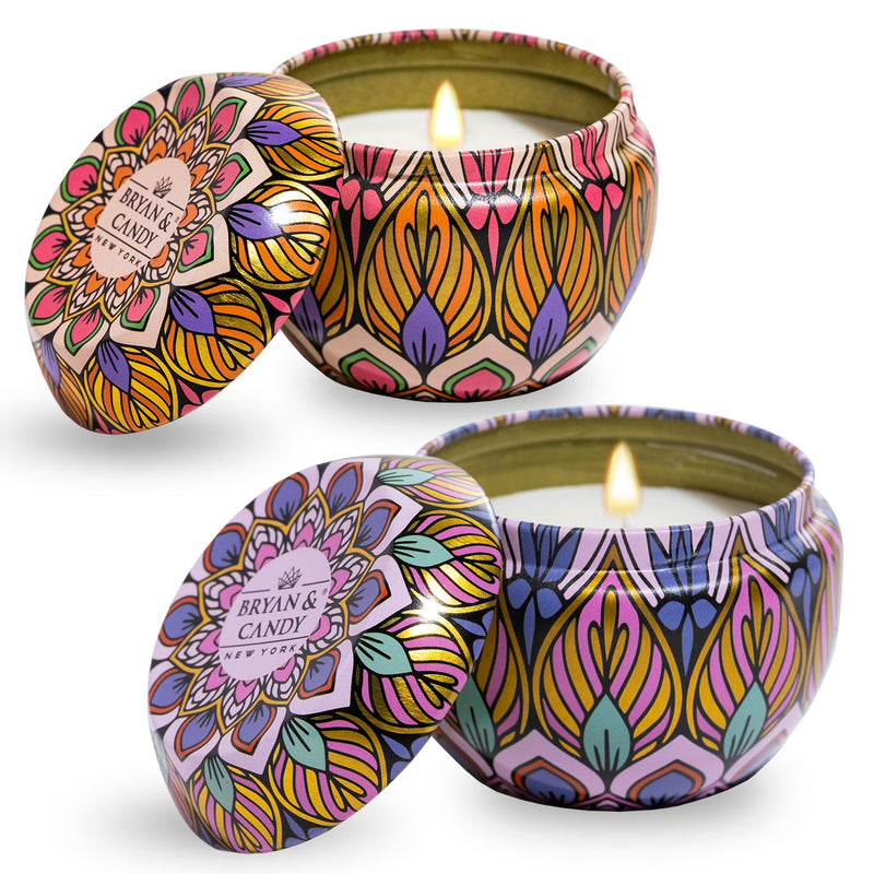 Bryan & Candy Scented Candles Rakshabandhan Gift for Sister|Gift Set for Women & Men,60gm Each Soy Wax Eco-Friendly Printed Tin, Pack of 2 (Lavender Citrus & Bulgarian Rose)