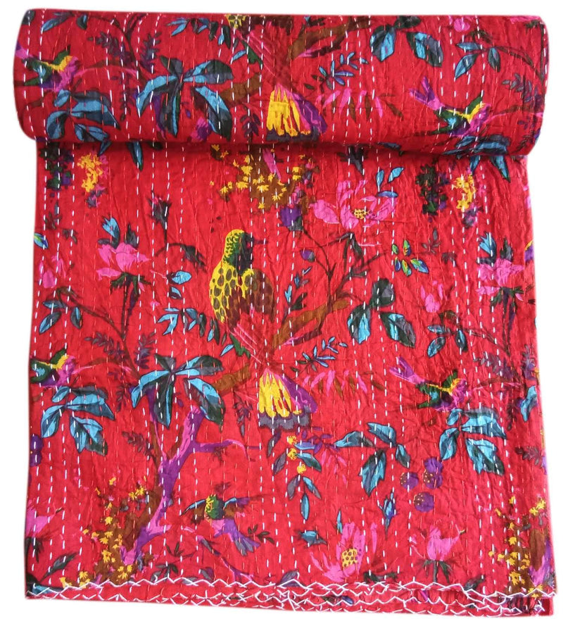 Kirti Textile and Handicraft Handicraft Indian Kantha Quilt Home Décor Kantha Bed Cover Bird Print Kantha Bedsheet Double Bed Kantha Coverlet