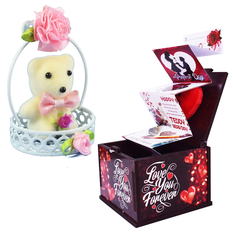 Urvi Creations Beautiful Teddy Bear Basket with Wooden Box Greeting Card Best Valentines Day Gift for Girlfriend Boyfriend Wife Husband