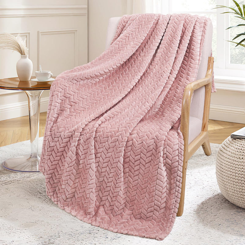 Exclusivo Mezcla Large Flannel Fleece Throw Blanket, Soft Jacquard Weave Leaves Pattern Blanket (50" x 70", Dusty Pink) - Cozy, Warm, Lightweight and Decorative