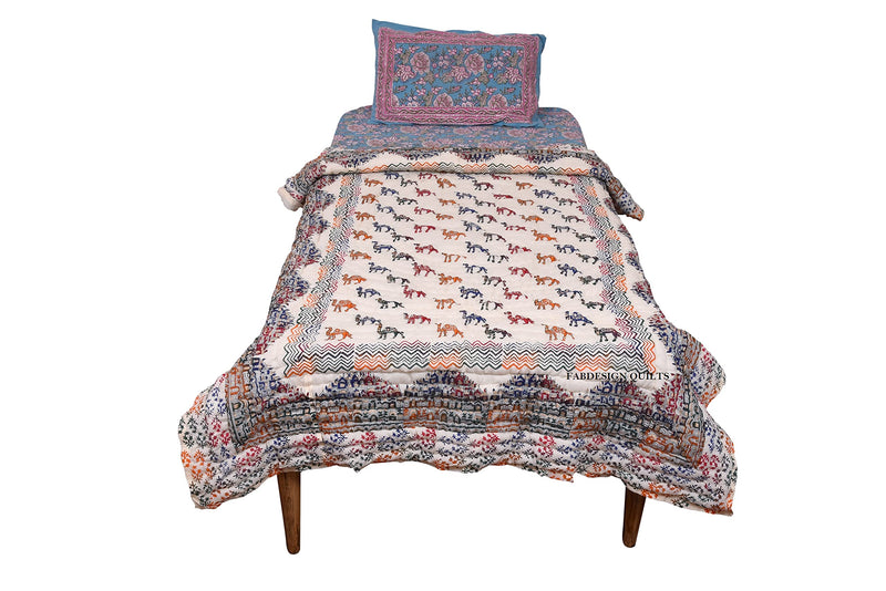 SIBLEY Pure Cotton Soft Jaipuri Razai Traditional Elephant with Hawa Mahal Hand Block Print Single Bed Winter Ac Quilt Blanket (Multicolor) (60X90 Inche)