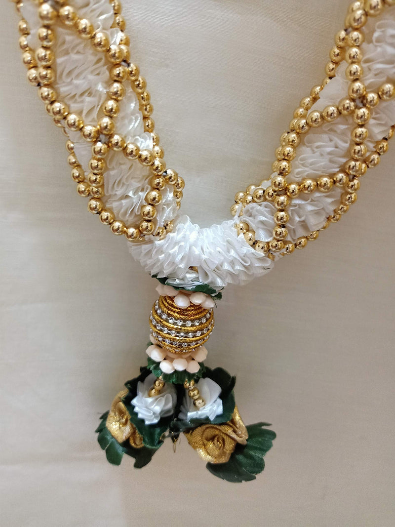 Sri Sainath Enterprises White with Gold Balls Chain with Golden Stone Ball with Jasmine Flowers Garland Length - 45 cm