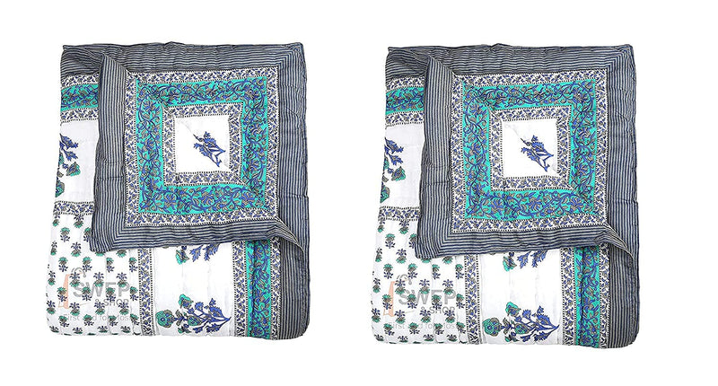 HOPEE Shop Jaipuri Razai Soft Light Weight Pure Cotton Winter and Summer Rajasthani Traditional Jaipuri Ac Quilt Single Bed | Set of 2 (Grey and White)