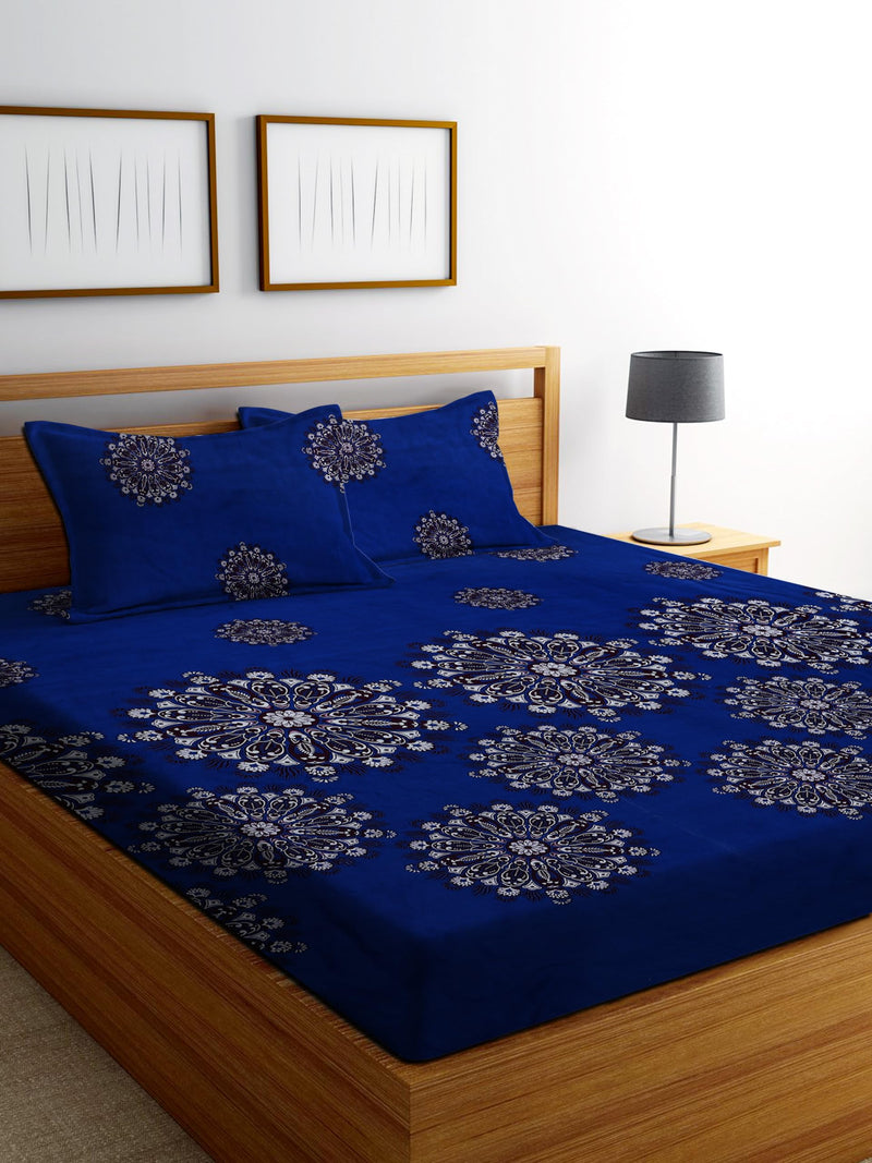 CRAFTS HUB Cotton Feel Glace Cotton All Around Elastic Fitted Printed King Size Double Bed Bedsheet With 2 Pillow Covers(72X78X8 Inch) Fits Upto Mattress Of 8 Inches | Blue (827Fitted-Blue), 180 TC