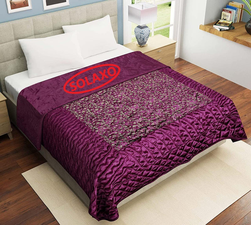 SOLAXO® Rajasthani Gold Printed Satin Silk Designer Quilts/Razai (Purple)