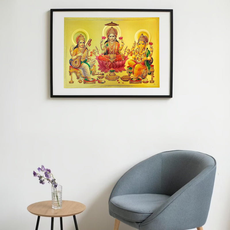 BORNSTELLA of Laxmi Ganesh Saraswati Sticker (30 x 21 CM) Self Adhesive Sticker (Pack of 1) Golden