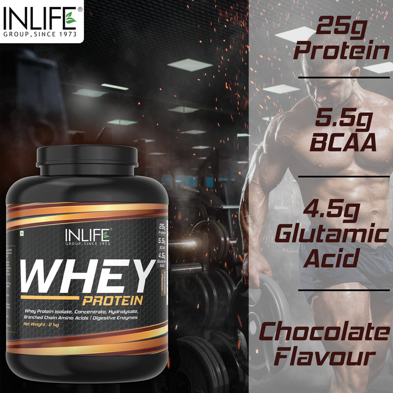 INLIFE Whey Protein Powder | Blend of Isolate Concentrate Hydrolysate | Sports Nutrition Workout Drink, Muscle Food, Body Building Supplement (Chocolate, 2kg)