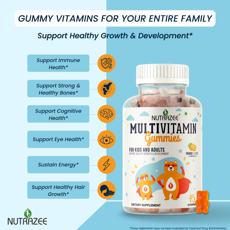 Nutrazee Multivitamin Gummies for Kids, Men & Women, Supplement With Biotin & Essential Vitamins For Healthy Growth, Development & Immunity, 45 Gummy Bears