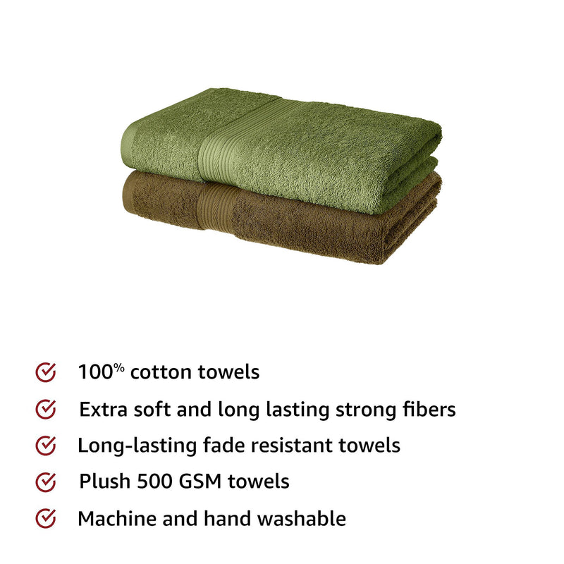 Amazon Brand - Solimo 100% Cotton 2 Piece Bath Towel Set, 500 GSM (Sepia Brown and Olive Green)