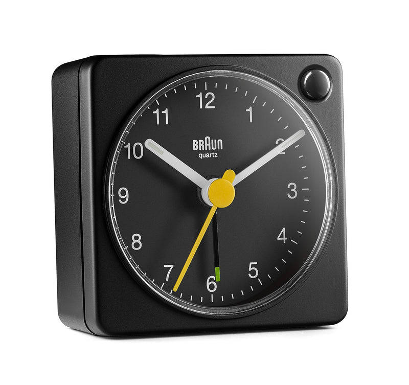 Braun Classic Travel Analogue Clock with Snooze and Light, Compact Size, Quiet Quartz Movement, Crescendo Beep Alarm in Black, Model BC02XB, One