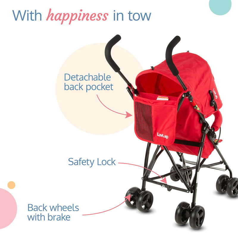 LuvLap Tutti Fruti Baby Stroller/Buggy, Compact & Travel Friendly Baby pram, for Baby & Kids, 6-36 Months, with 5 Point Safety Harness, Adjustable seat Recline, 15Kg Capacity (Red)