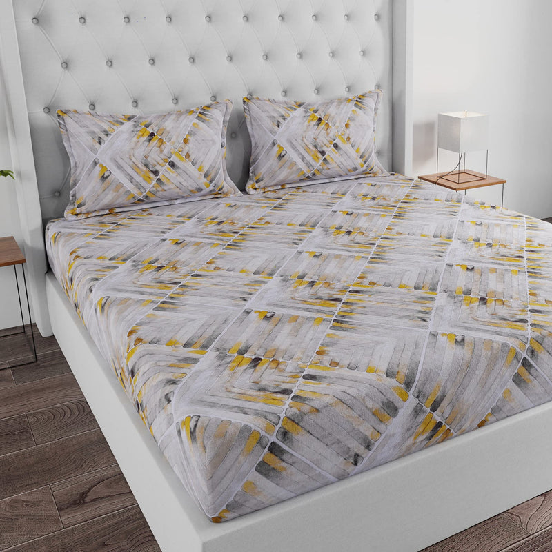 HUESLAND by Ahmedabad Cotton 144 TC Cotton King Size Bedsheet with 2 Pillow Covers - Grey, Yellow & White(9ft x 9ft)