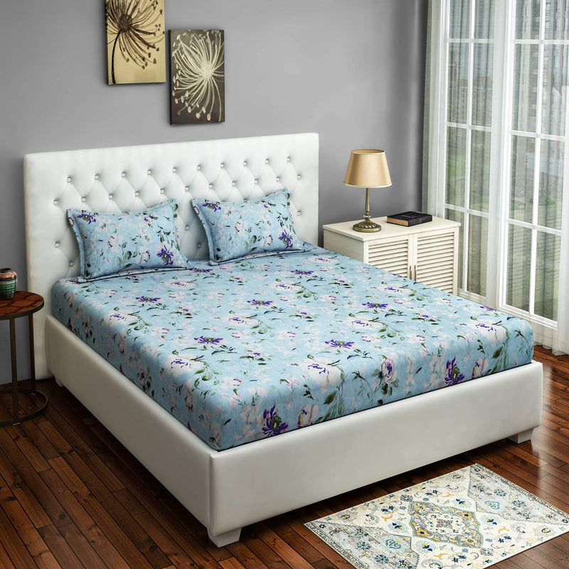 Swayam Sparkle Collection Cotton 144 TC Double Fitted Bedsheet with 2 Pillow Covers - Sea Blue