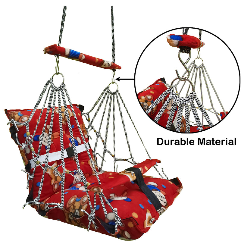 Luxurin Swing For Kids Baby Jhula Foldable, Portable Swing For 0-3 Years Babies With Safety Belt Soft Cover With Reliance Filler For Soft Skin Hanging Indoor Outdoor Swing (Red)-Cotton, 35 Cm, 4 Cm