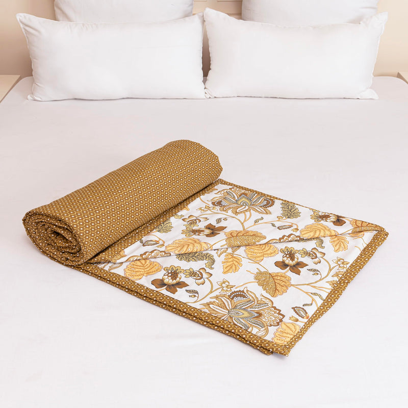 HOMEMONDE Premium Cotton Double Bed Dohar Reversible AC Dohar Blanket, Printed & Skin Friendly Quilt - (Dark Camel & White - 84 x 94 Inches)