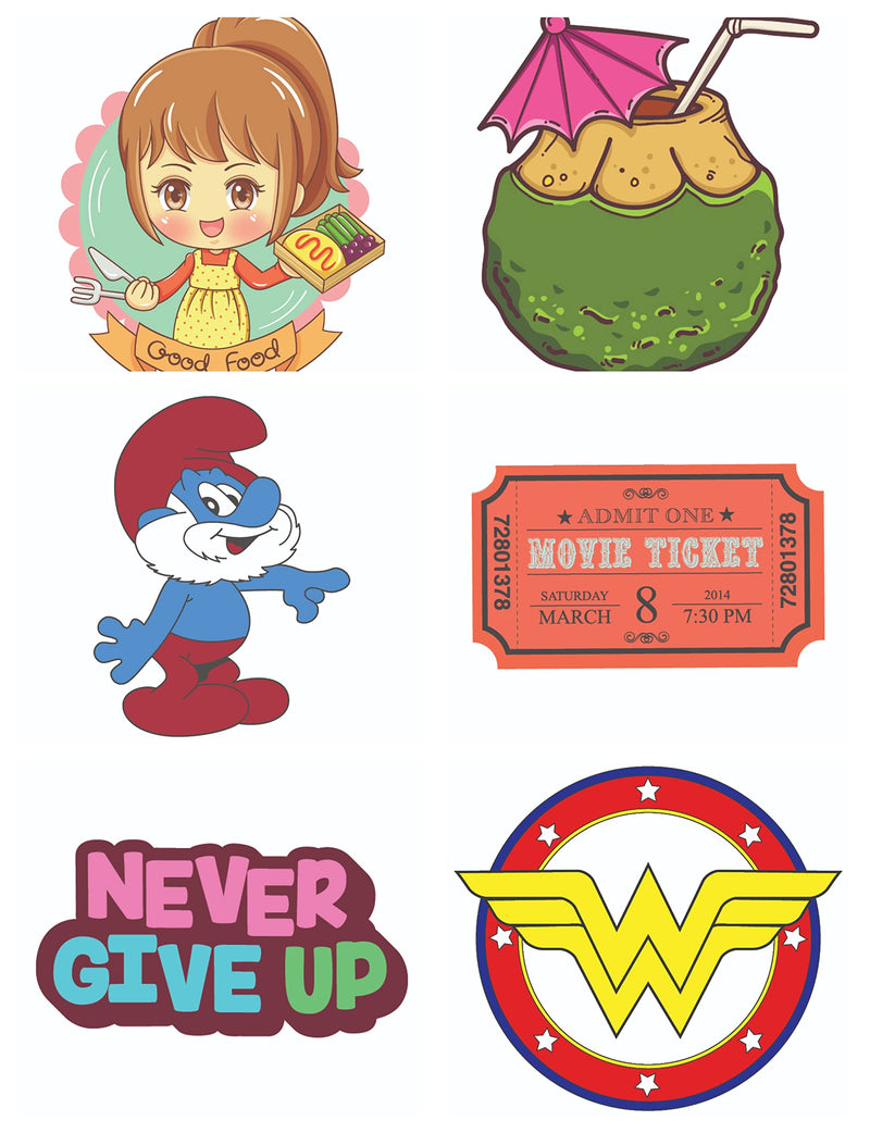 Bhai Please Good Food Girl, Green Coconut, Smurf, Movie Ticket, Never Give Up and Wonder Woman Wooden Fridge Magnet (Pack of 6 pcs, one pc Each Design)