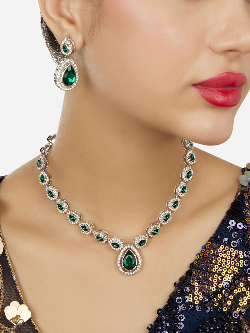 ZAVERI PEARLS Green Dazzling Austrian Diamonds Embellished Contemporary Necklace & Earring Set For Women-ZPFK18201