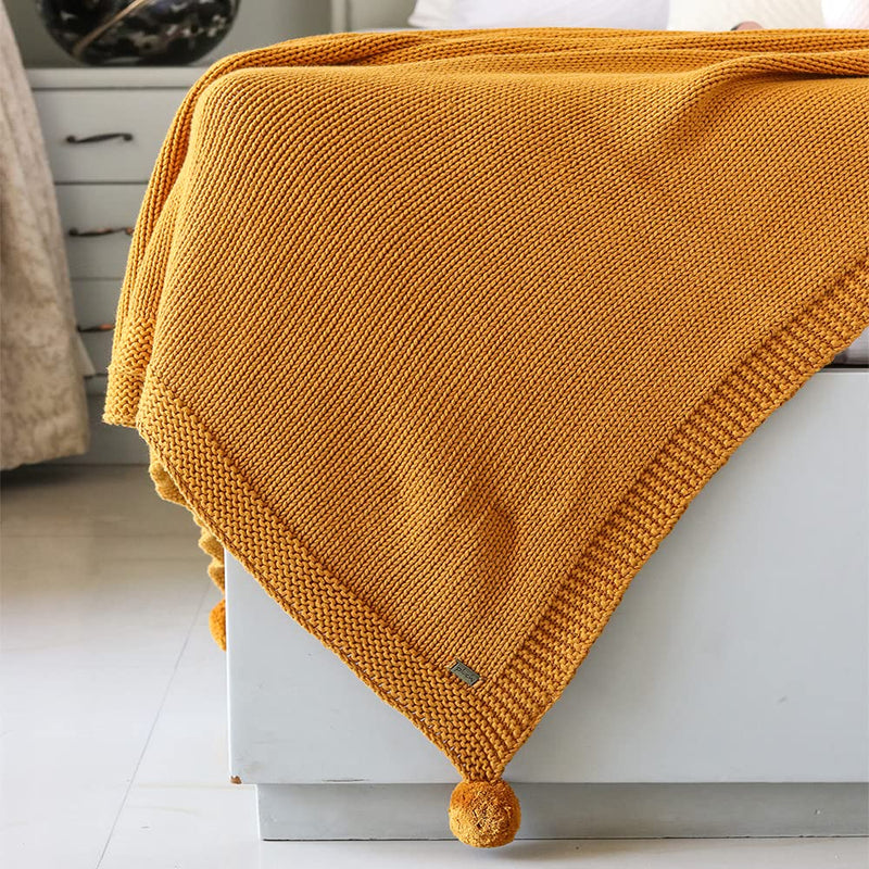 Pluchi Chunky Jersey Cotton Knitted All Season AC Throw Blanket in Mustard Color (125 cm x 150 cm)