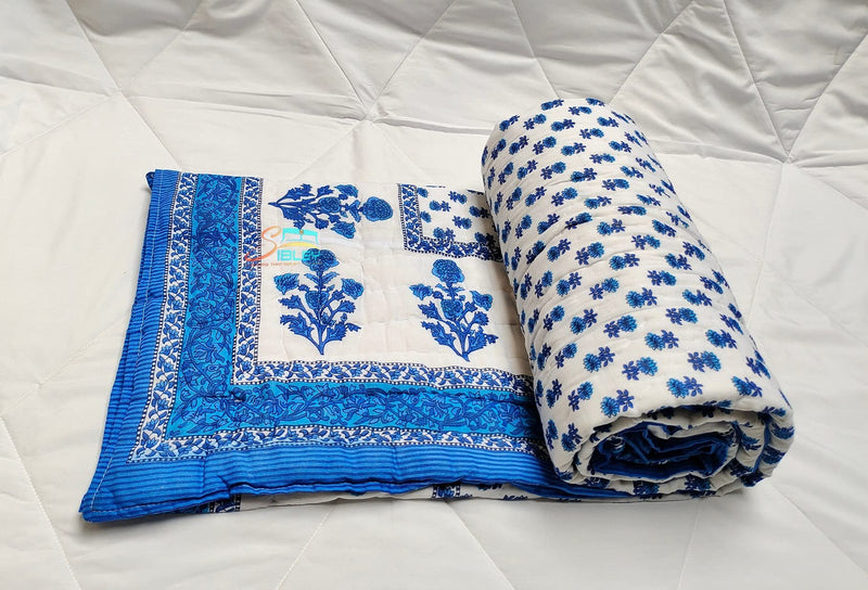 SIBLEY 210 TC Cotton Single Bed Jaipuri Razai Floral Print (55X85 Inche) - Blue