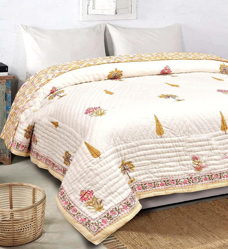 House Of Alpha Original Jaipuri Malmal Cotton Razai/Quilt. Traditional Rajasthani Hand Block Printed Double Bed Jaipuri Quilt/Razai/Blanket (90 x 108 Inches) (Style 11)