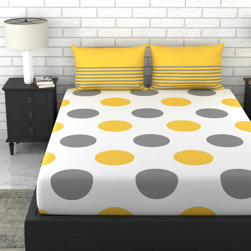 LORETO – A QUALITY LINEN BRAND 144 TC 100% Cotton Bedsheet for Double Bed with 2 Pillow Covers, Polka - Yellow & Grey