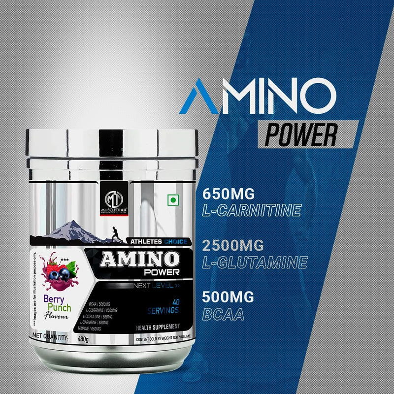 Muscle Trail Amino Power | Health Supplement Powder | 480g, 40 servings (Peach Mango) | Perfect blend of Amino Acids to promote Muscle Recovery