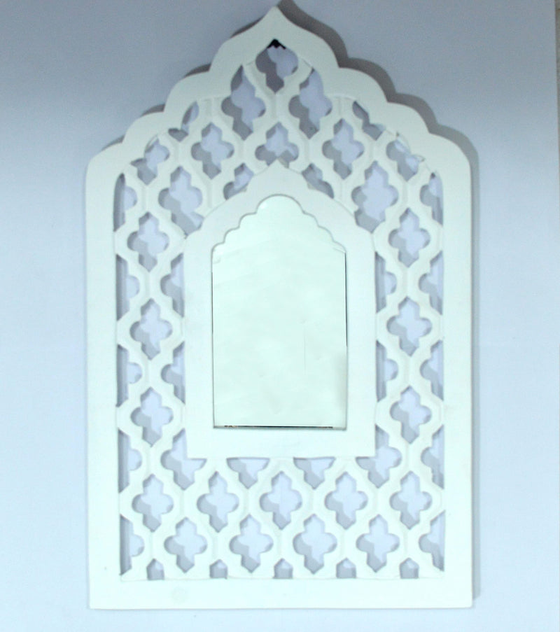 CRAFT N CREATIONS White Painted Wall Hanging Jharokha Inside Mirror, Wooden Wall Hanging, Wooden Wall Panel 16" x 10" Rectangular(Framed) (White)