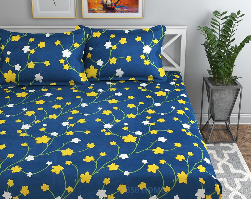 BSB HOME Premium Cotton Elastic Fitted Bedsheets with 2 King Size Pillow Covers | Double Bed with All Around Elastic 180 TC Supersoft | Size - 72 King Sizex78+10 in | Blue Yellow and White Leaf