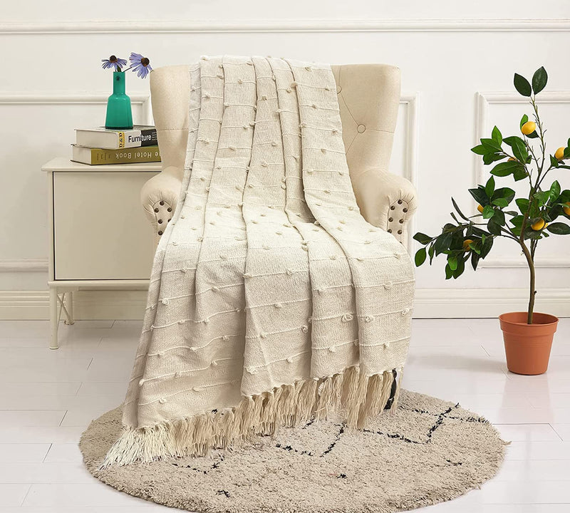 SAJAVAT HOME Pure Cotton Sofa Throw | 52X82 Inches / 132X208 Cms | Hand Knitted With Tassels (Pack Of 4) Beige/Natural (Reversible, Breathable), 500 tc