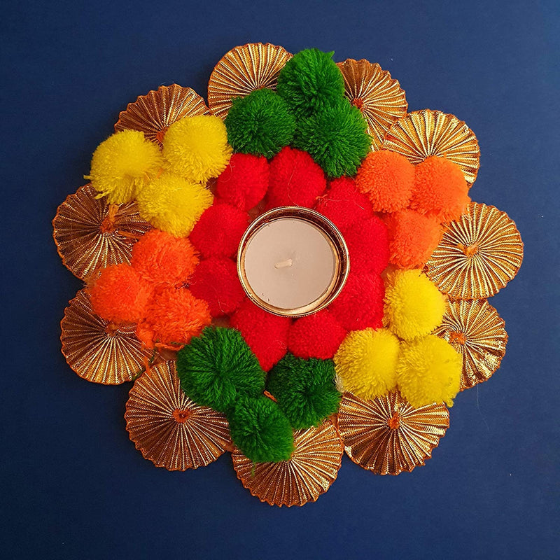 Kesri Gifts Handmade tealight Candle Holders|Set of 7 Rangoli Candle Holders|Diwali Decorations|onam pongal pom pom Rangoli Floor Decorations|Diwali diyas(t2217)