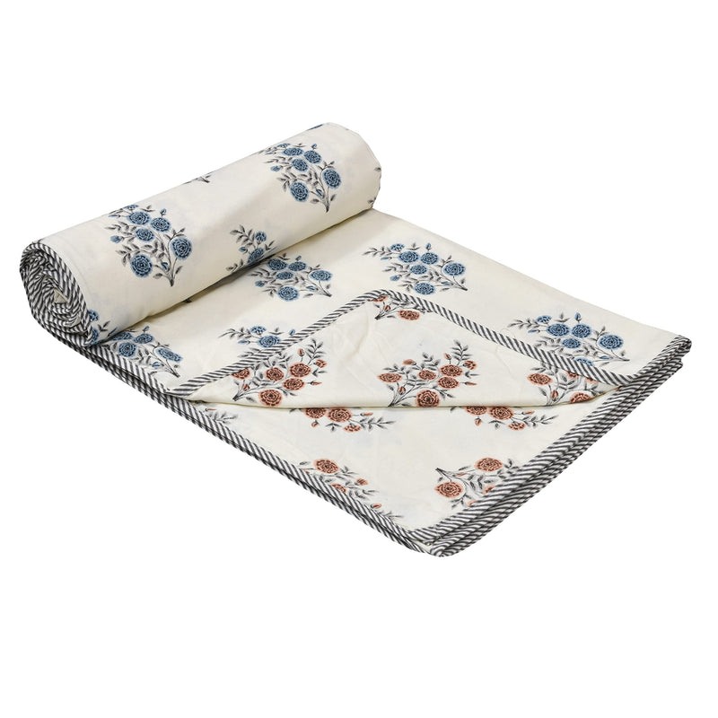 Tundwal's Cotton Reversible Dohar/AC Blanket for Double Bed |All Weather Light Weight | Jaipuri Printed Floral Design | Pack of 1-Beige Flower