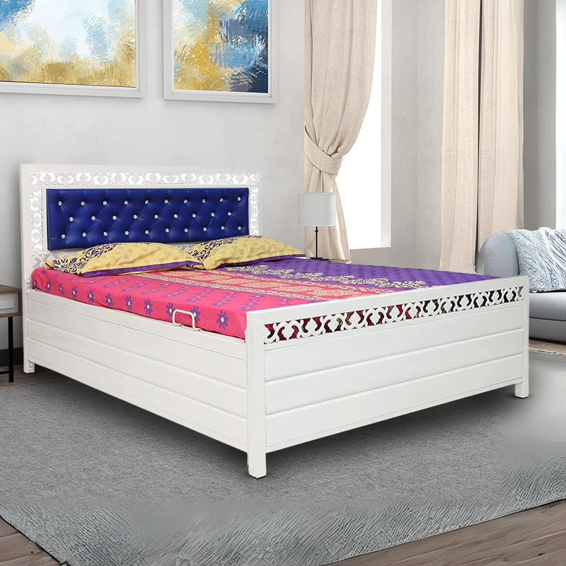 Royal interiors Single Size Metal Bed with Foam Mattress and Hydraulic Storage (Matte Finish,Ivory)