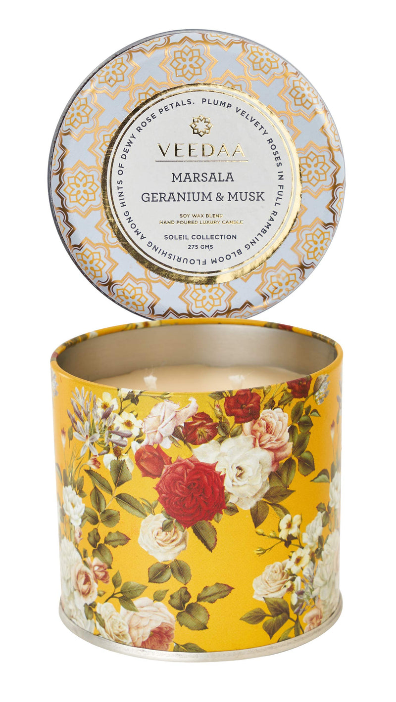 VEEDAA Marsala Geranium & Musk Mason Tin Soy Wax Scented Candle (Burns 25 hours)