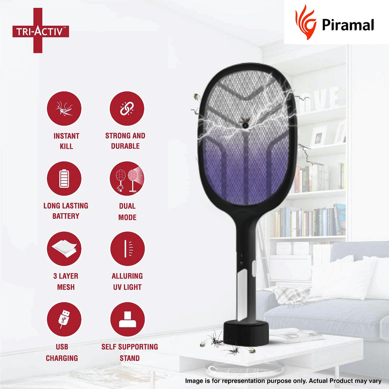 Tri-Activ Mosquito Racket I 2-in-1 Rechargable Bat + Zapper by Piramal I UV Light & Self-Supporting Stand I Insect Killer & Fly Swatter I 1200 mAh Li-ion Battery (Black)