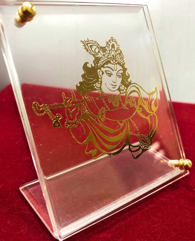 shree kreations Gold Plated Krishna Ji Photo Frame on Acrylic Stand for Car Dashboard, Home, Office Table