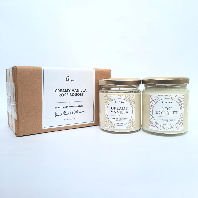 Vanilla & Rose Eliora Scented Soy Blend Candles (Set of 2-140gms Each), Burn Time- 30 Hours, Best for Gifting