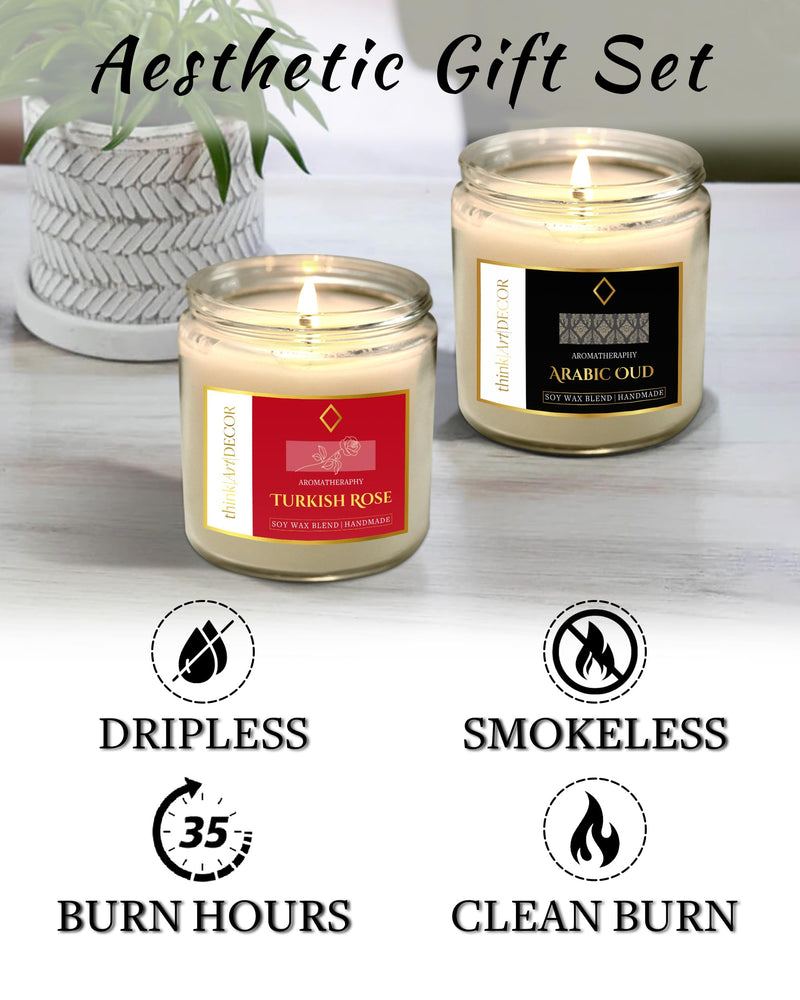 ThinkArtDecor 2 Scented Soy Wax Candle, 35-40 Hrs EACH, Luxury Aromatherapy Votive Jar with Aromatic Tealights, Scented Candles for Home Decor, Fragrance Gift Set, 450gmX2, Oud + Rose