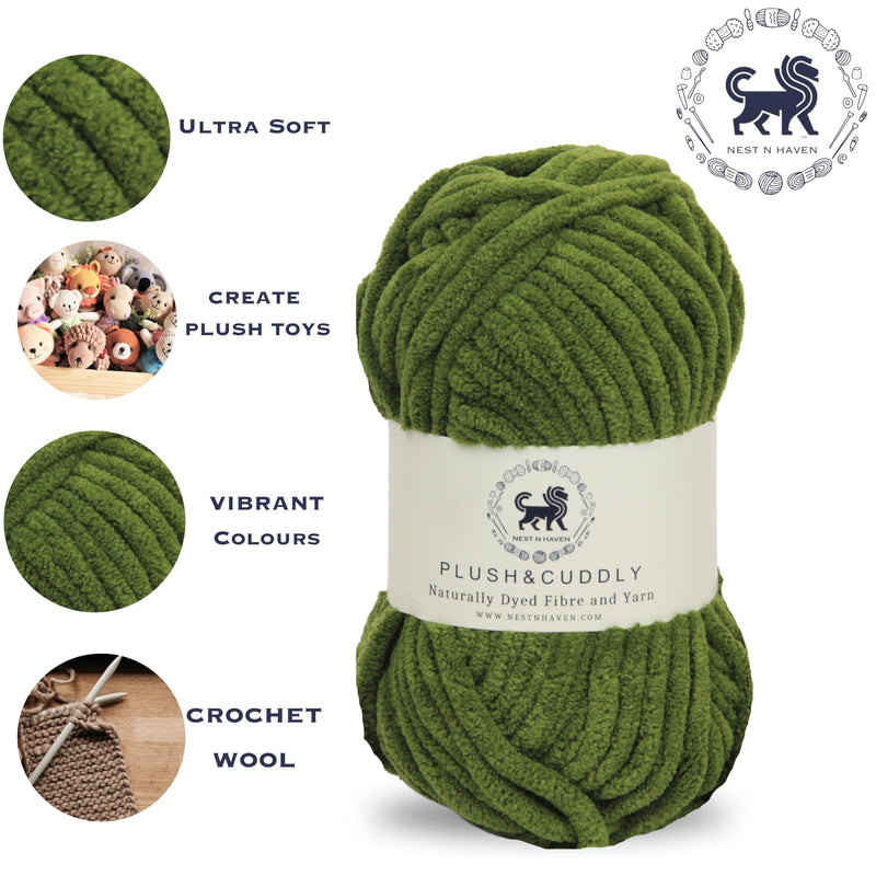 NESTNHAVEN, Wool, Plush & Cuddly, Chenille Yarn Supersoft Hand Knitting Wool Ball, (1 Ball/100 Gram Each) Ball Suitable for Craft, Babywear, Baby Blankets, 5 Bulky, Shade no - NNHB064 (Military Green)