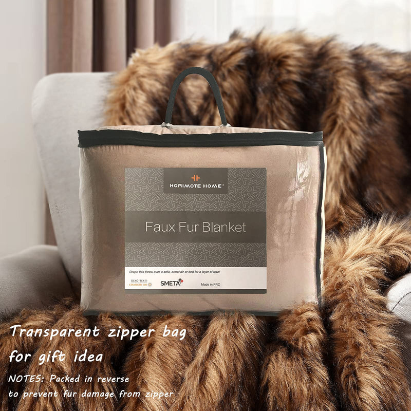 HORIMOTE HOME Luxury Plush Faux Fur Throw Blanket, Long Pile Brown with Black Tipped Blanket, Super Warm, Fuzzy, Elegant, Fluffy Decoration Blanket Scarf for Sofa, Armchair, Couch and Bed, 50'x 60'