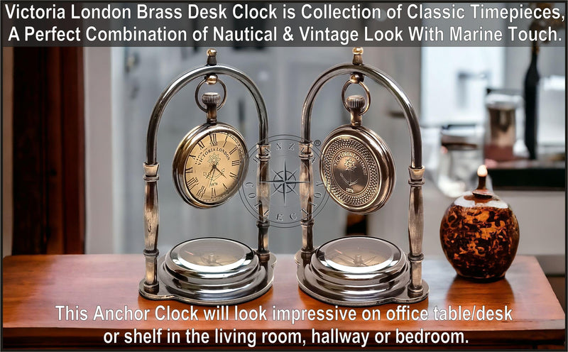 Hanzla Collection Nautical Clock Ship Table Clock Brass Desk Clock Maritime Brass Compass with Antique Victoria London Pocket Watch